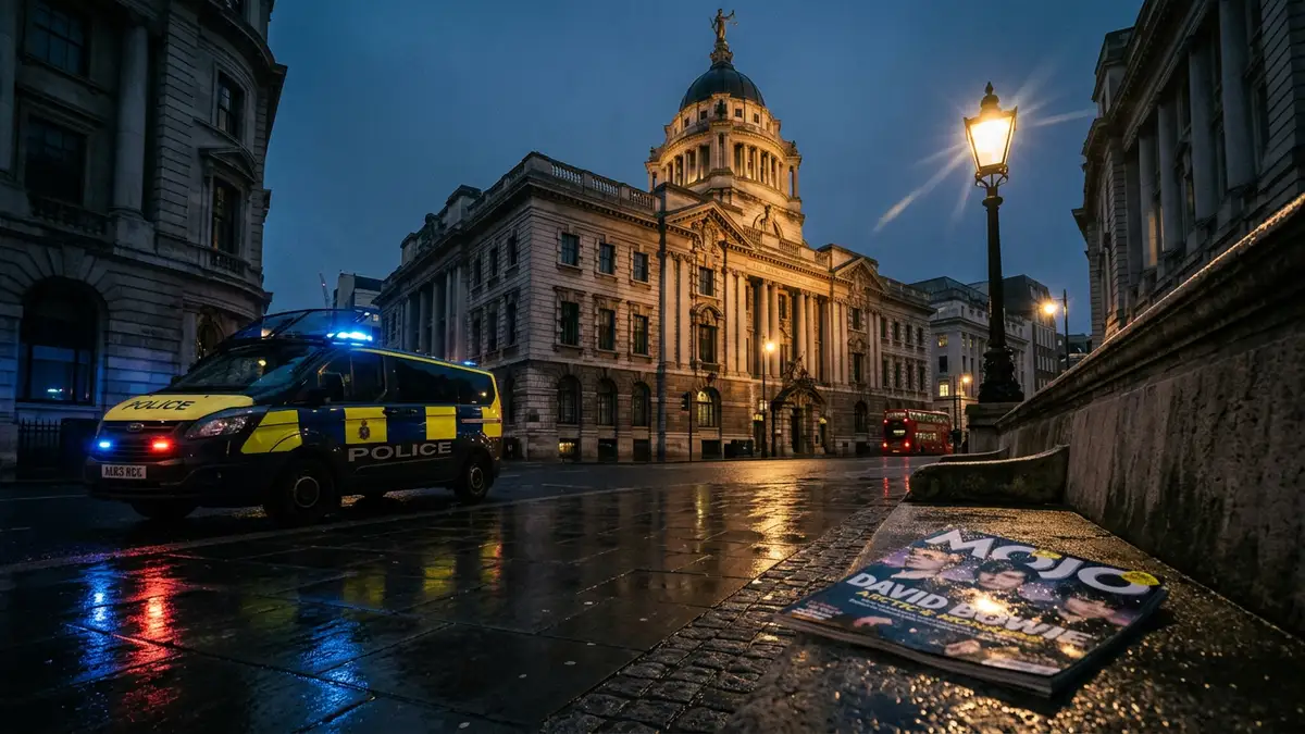 The Old Bailey courthouse at dusk with blurred police lights reflecting on wet pavement.