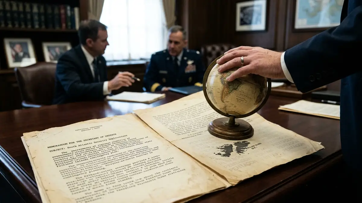 Hand placing a globe over a Pentagon memo, highlighting the Falkland Islands.