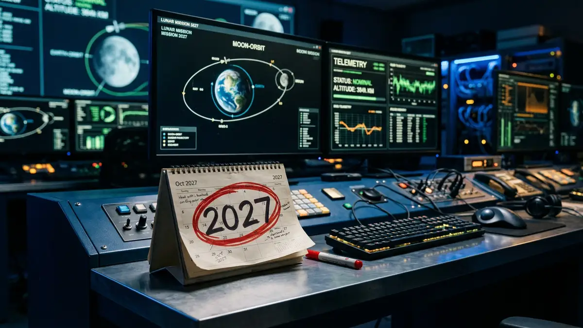 A desk calendar with 2027 circled in red, set against blurred lunar mission control screens.