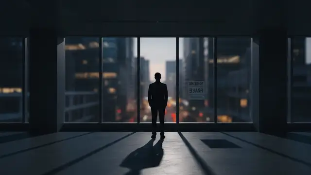 Silhouette of a person in an empty, dimly lit office looking at a city.