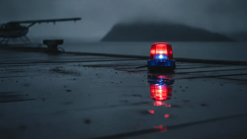 Emergency lights reflecting in a puddle on a dock near a blurred seaplane.
