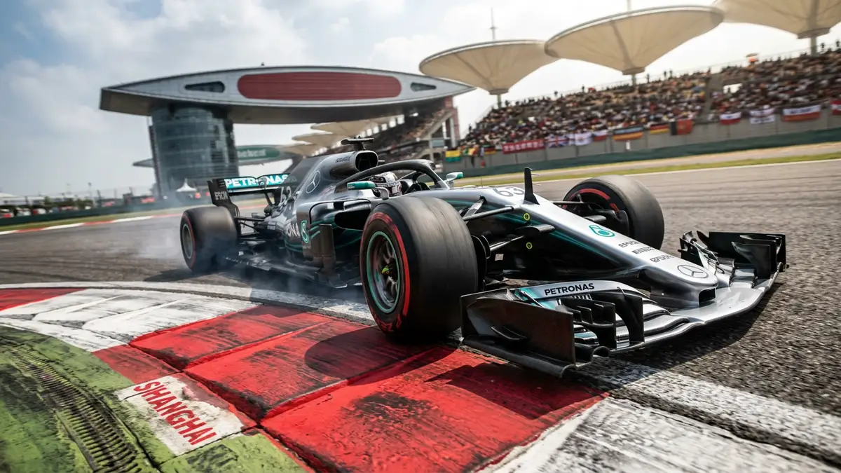 A silver Formula 1 car speeds around a red and white track curve in Shanghai.
