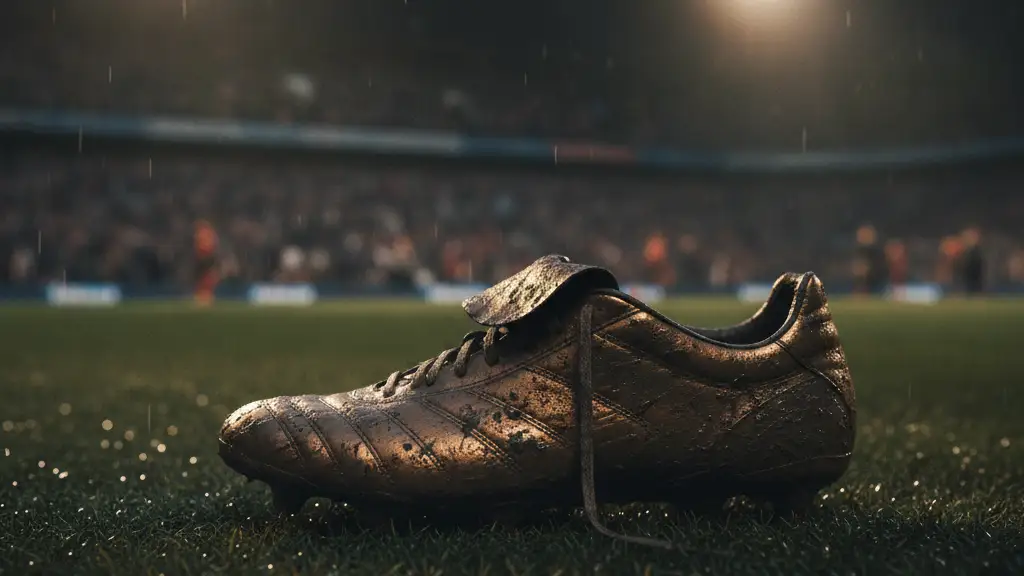 A mud-splattered bronze football boot on a wet pitch under stadium lights.