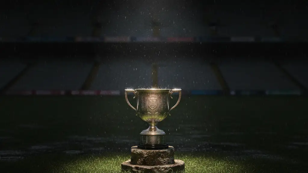 The Sam Maguire Cup sits alone on a rain-soaked Gaelic football pitch.