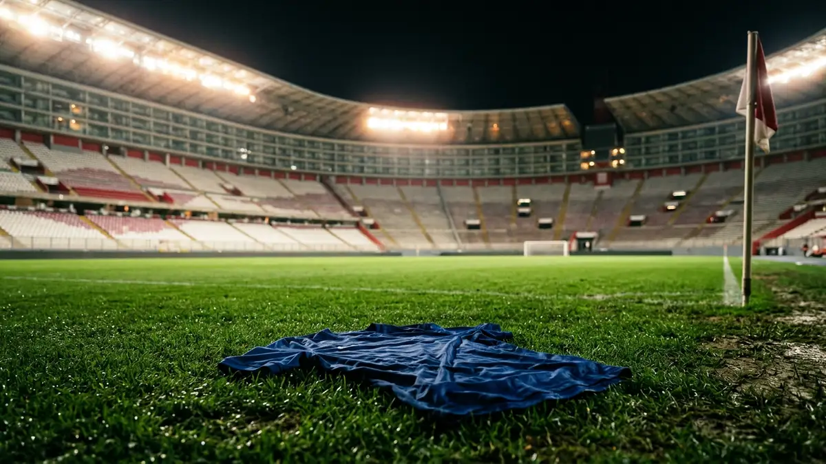 A blue football jersey lies on the grass of a brightly lit, empty stadium.