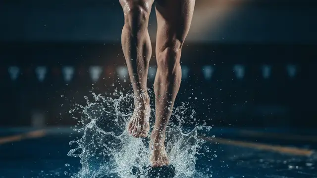 Swimmer's powerful legs pushing off a starting block, water splashing dramatically.