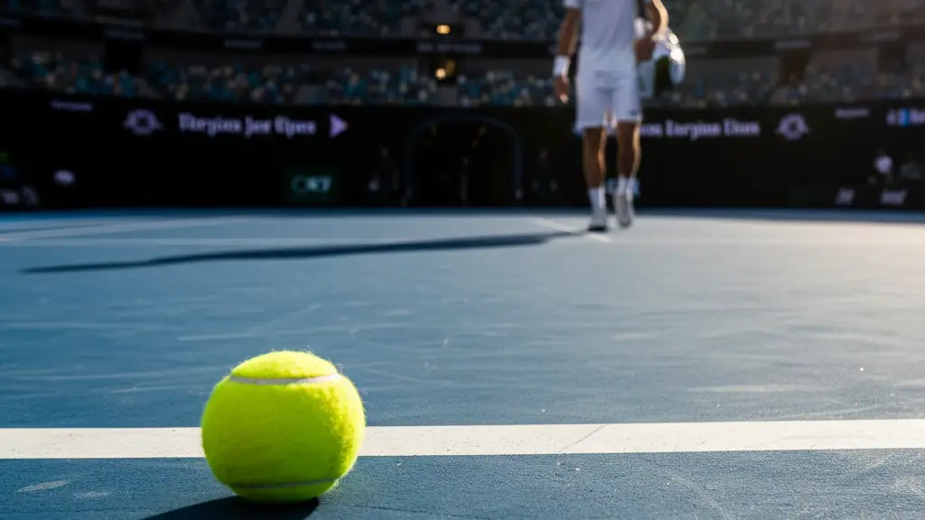 A tennis ball on a blue hardcourt with a blurred player silhouette walking away.