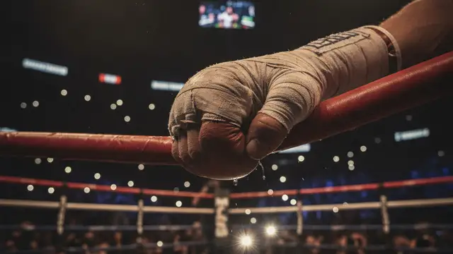 A gloved fist touches a boxing ring rope, blurred crowd and camera flashes in background.
