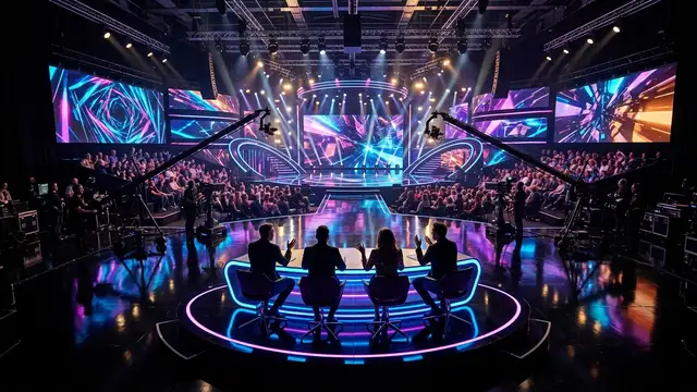 Silhouetted figures sit behind a glowing neon panel in a modern, brightly lit television studio.