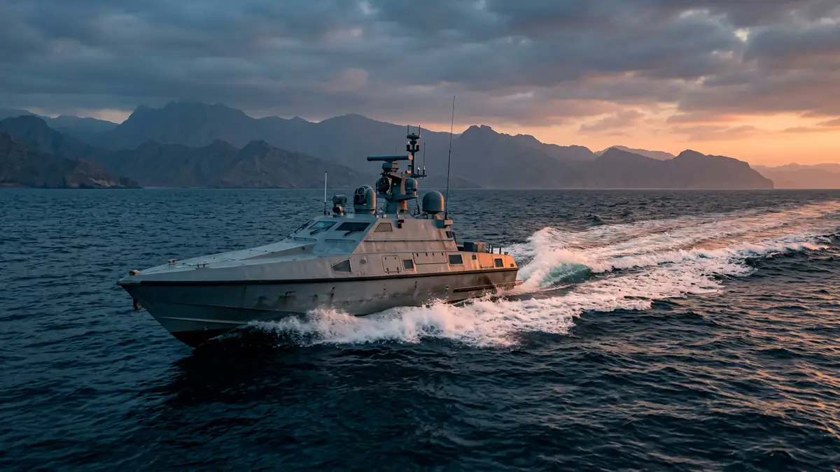 An autonomous naval drone vessel traveling through deep blue water at sunset.
