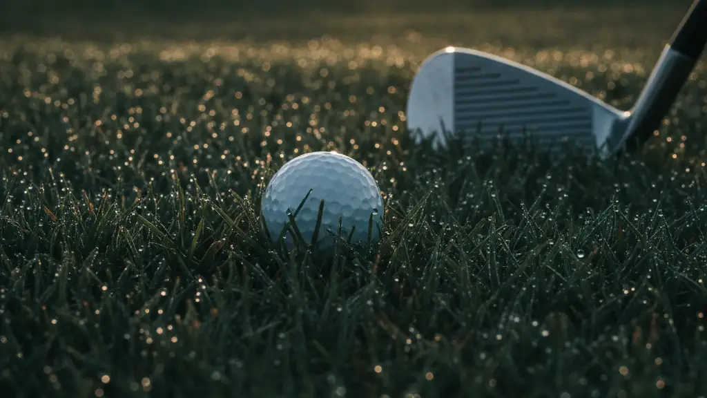 Golf ball in thick rough on a course, blurred golf club in background.