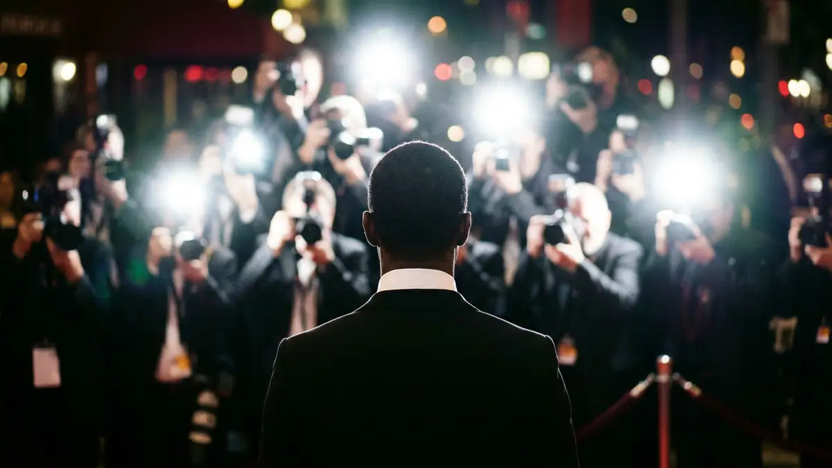 A silhouetted man in a tuxedo faces a wall of bright paparazzi camera flashes.