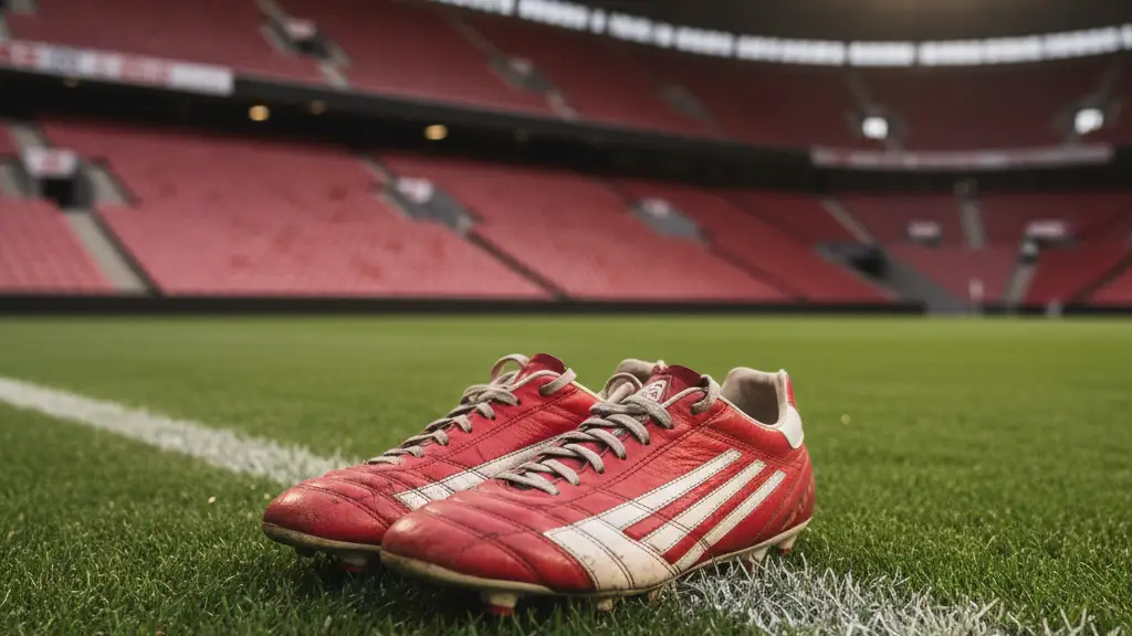 A pair of red football boots resting on a grass pitch in an empty stadium.