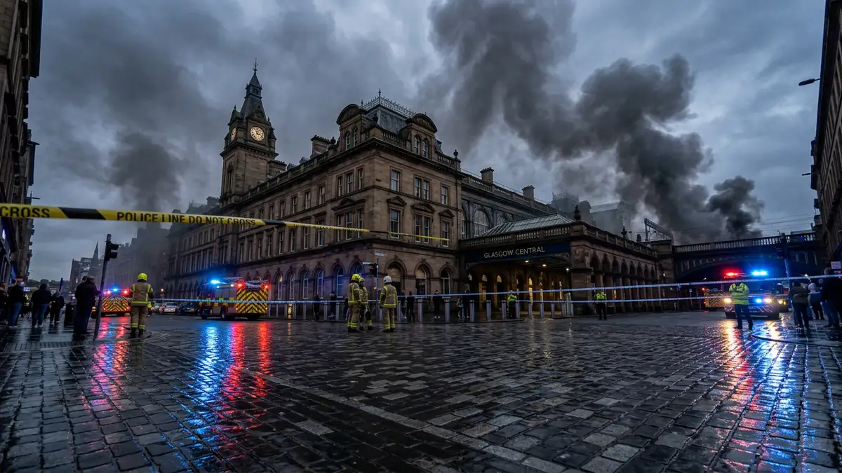 Emergency lights reflect on wet pavement near Glasgow Central Station under a smoky sky.
