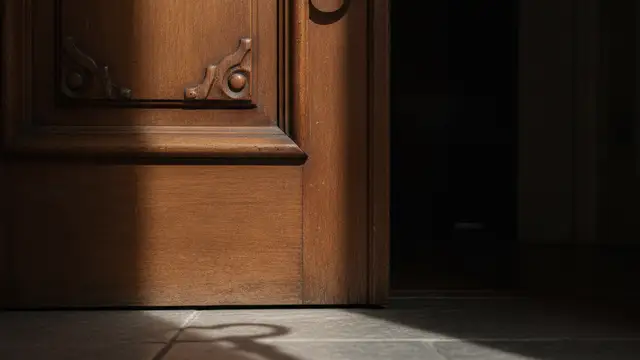 Ornate wooden door slightly ajar, with a key's shadow on the floor.