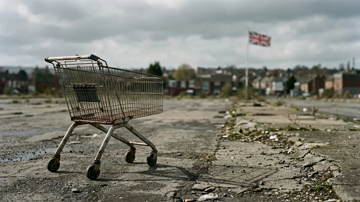 Empty shopping trolley on cracked pavement, Union Jack flag blurred in distance.