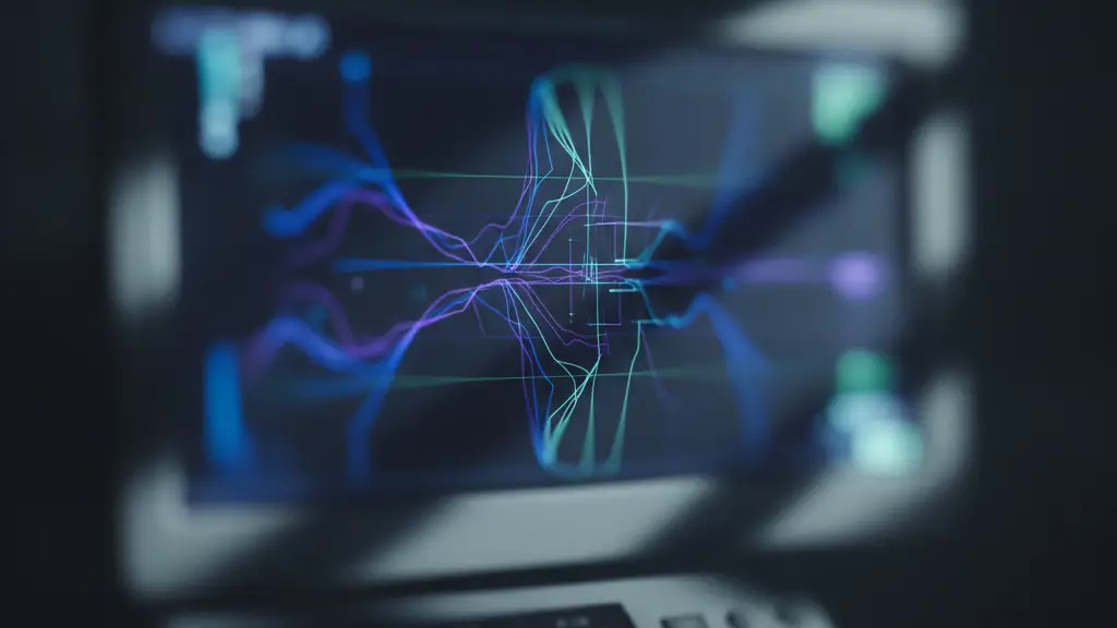 Abstract close-up of a glowing medical monitor screen with complex patterns.