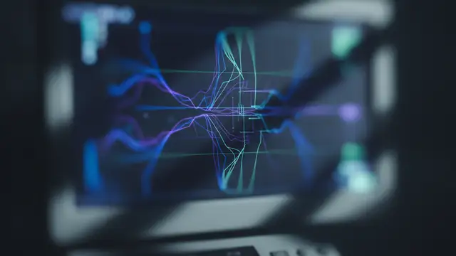 Abstract close-up of a glowing medical monitor screen with complex patterns.