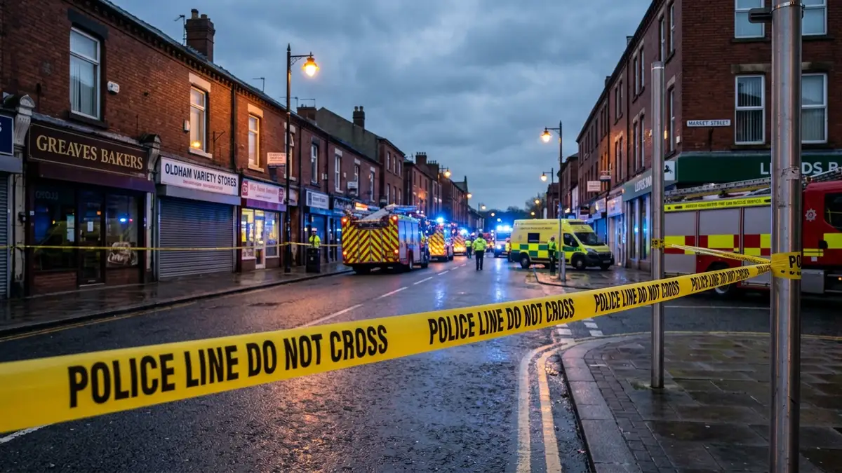 Yellow police tape cordons off a street with blurred emergency vehicle lights in the background.