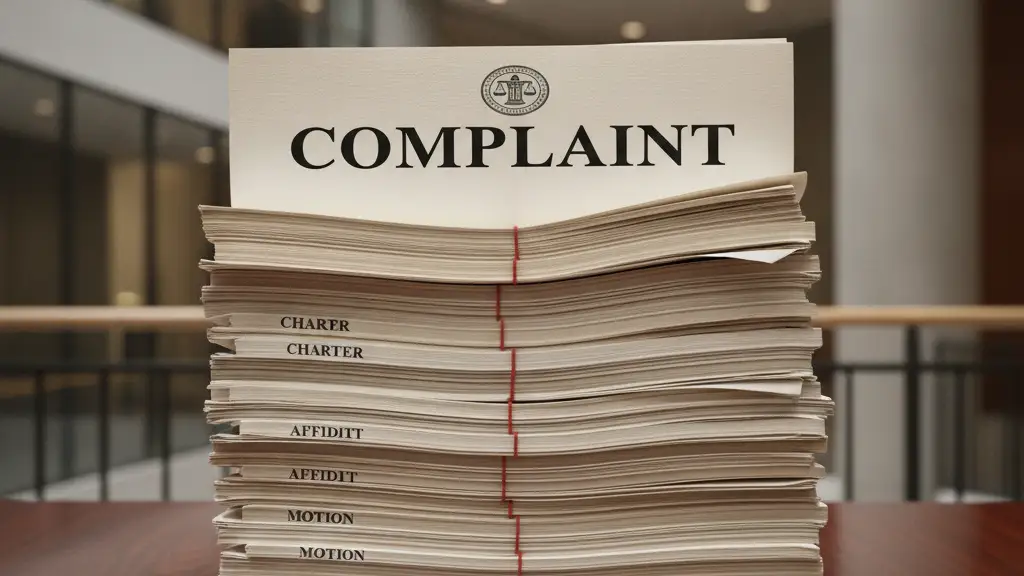 Close-up of legal documents labeled 'COMPLAINT' on a dark wooden desk.