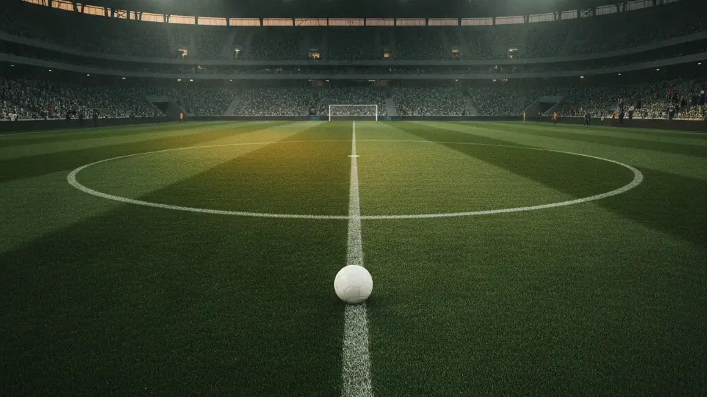 Pristine football pitch with a single ball at the center, stadium lights, and empty seats.