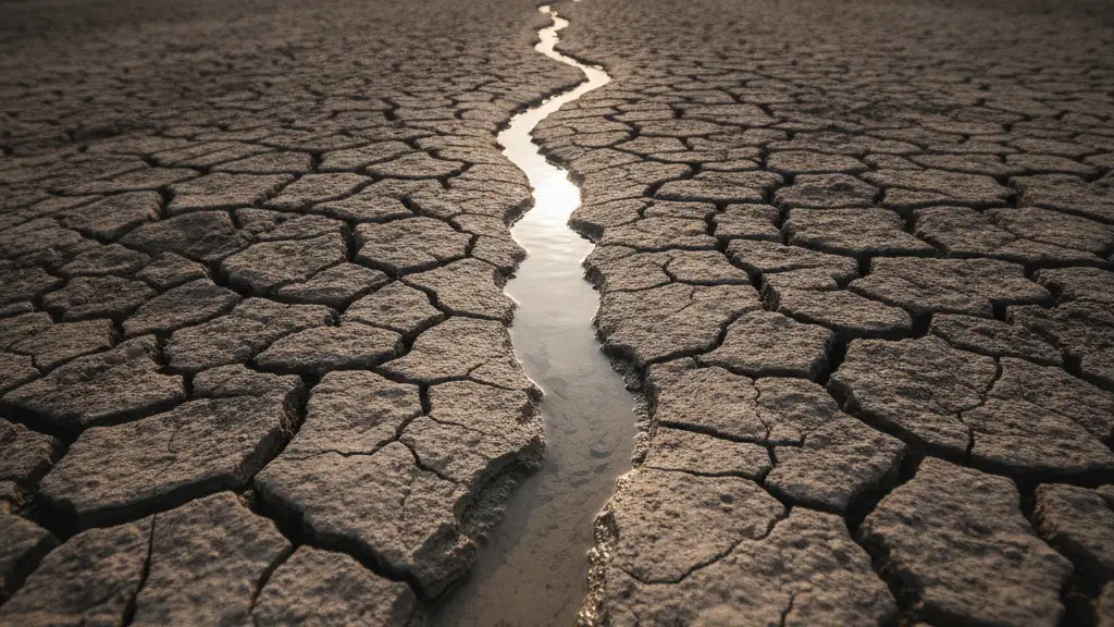 A close-up of a severely cracked, dry riverbed with a tiny trickle of water.