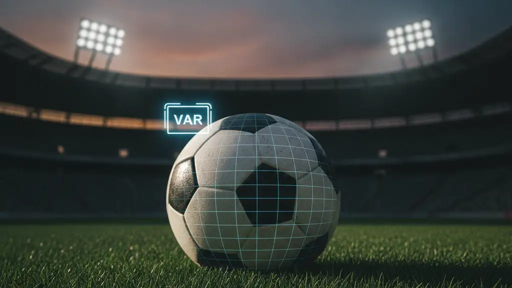 Football on grass, stadium lights blurred, with a subtle digital VAR overlay.