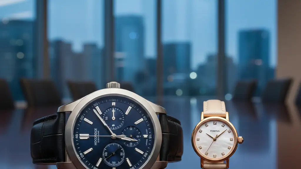 Two wristwatches on a wooden table showing different times, symbolizing the gender pay gap.