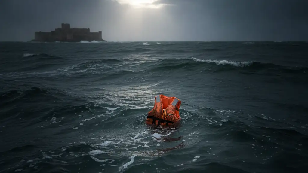 A lone life vest floats in dark, turbulent water near a distant coastline.