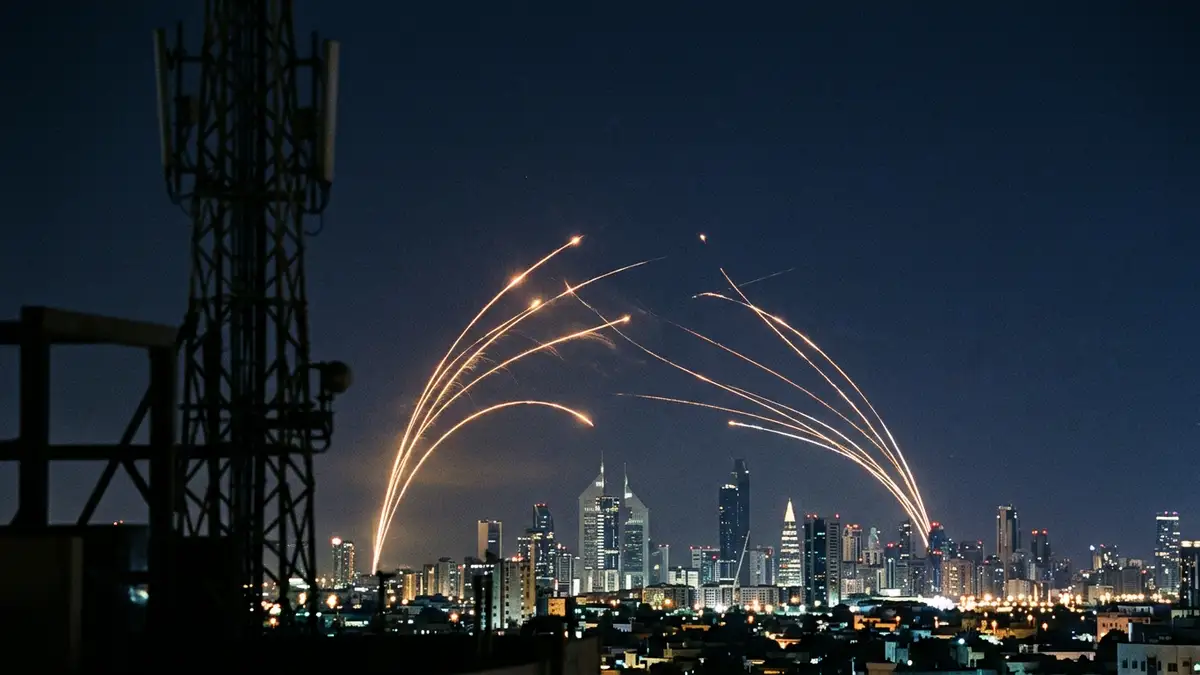 Long exposure night shot of glowing light trails arching over a distant city skyline.