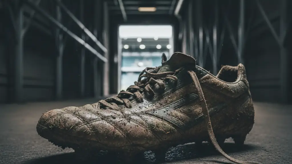 A muddy football boot in a stadium tunnel, hinting at a player's transfer.