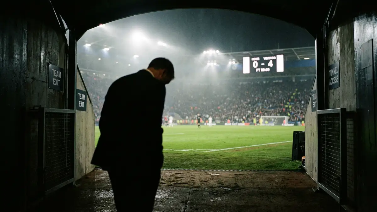A silhouetted football manager stands alone in a stadium tunnel under bright floodlights.