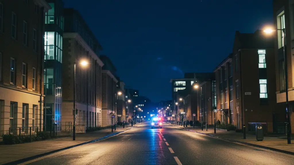 Yellow police cordon tape in front of a university building with emergency lights reflecting on pavement.