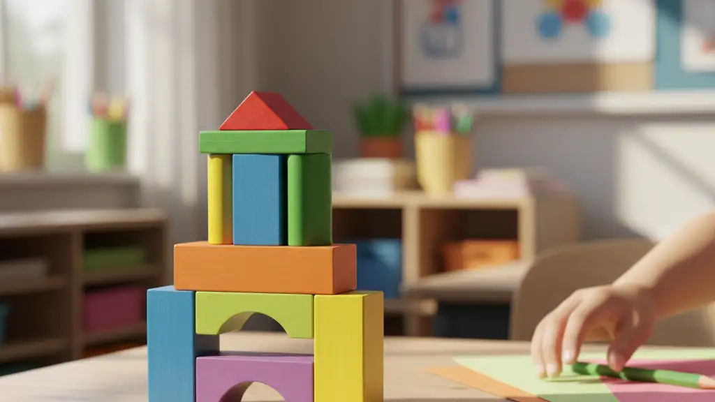 Colorful wooden blocks arranged in four tiers on a sunlit classroom desk.