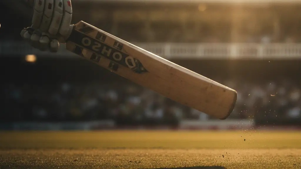 Cricket bat mid-swing, red ball blurred, stadium background.