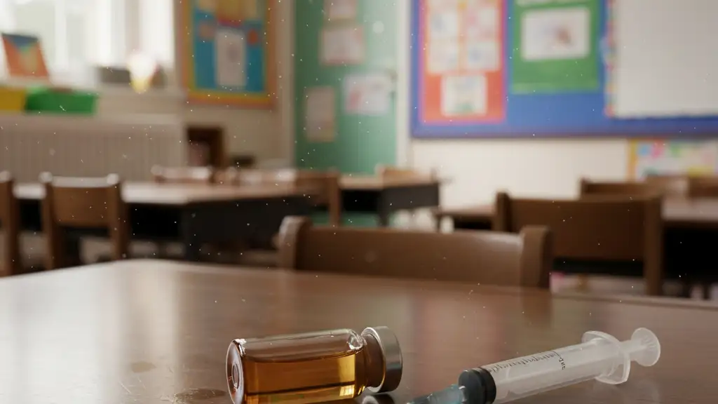 A medical vaccine vial and syringe resting on a wooden primary school desk.