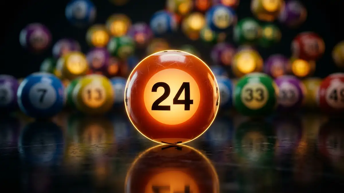 A close-up of a numbered lottery ball on a reflective dark surface with bokeh background.