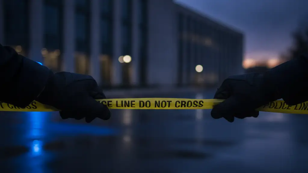 Police officer's gloved hands stringing yellow 'POLICE LINE' tape across a blurred building.
