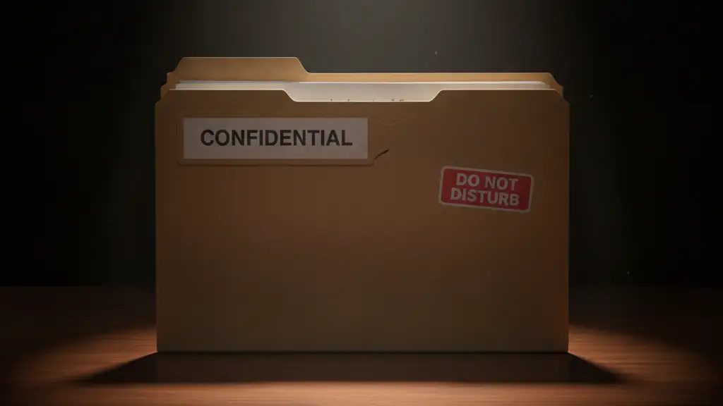 Confidential file folder on a mahogany desk, dramatically lit, suggesting a legal investigation.