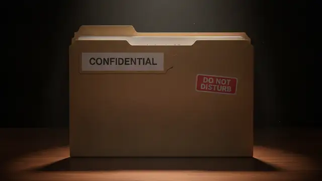 Confidential file folder on a mahogany desk, dramatically lit, suggesting a legal investigation.
