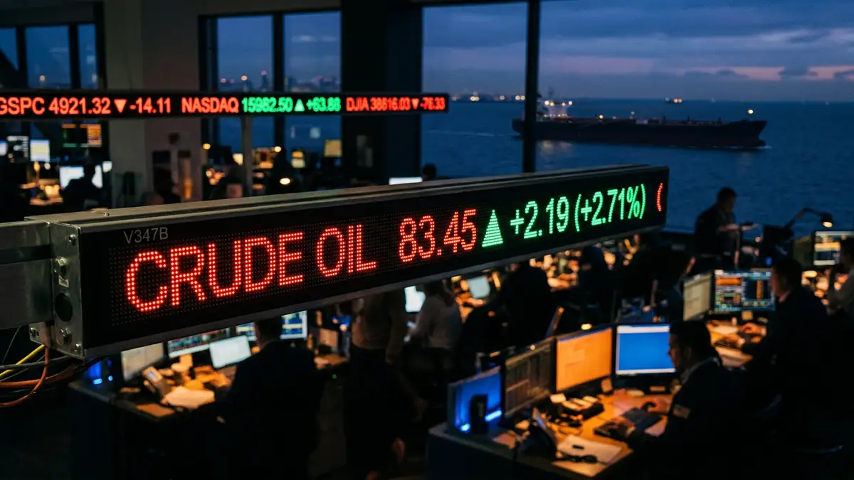 A digital financial ticker showing rising oil prices against a blurred silhouette of a tanker.
