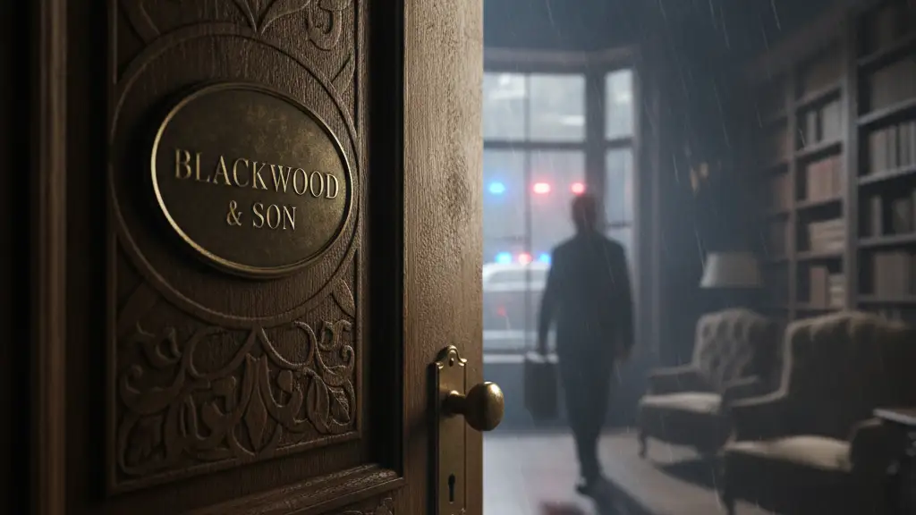 Ornate wooden door slightly ajar, revealing a blurred silhouette and emergency light reflections.