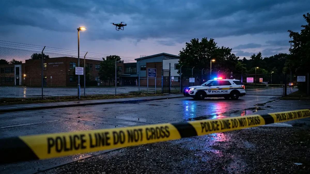 Yellow police tape across a school entrance with blurred emergency lights in the background.