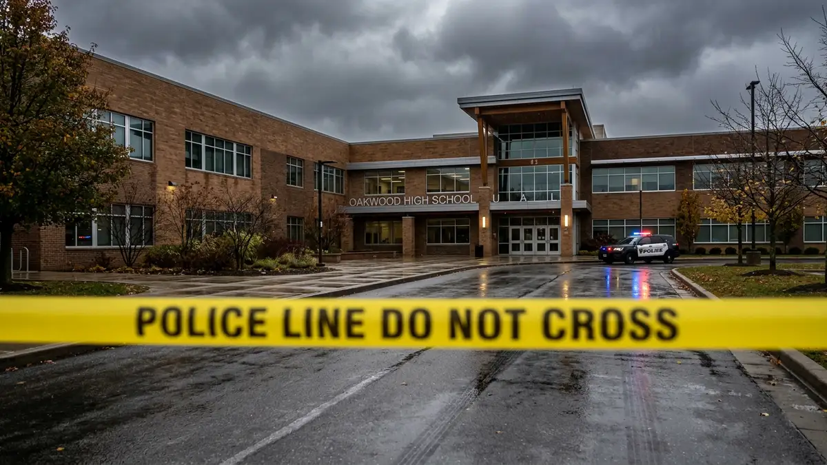 Yellow police tape stretched across a school driveway with emergency vehicle lights in the background.