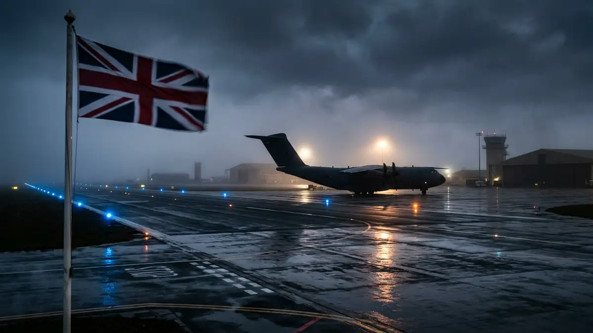 A military aircraft silhouette on a wet runway at night under amber lights.