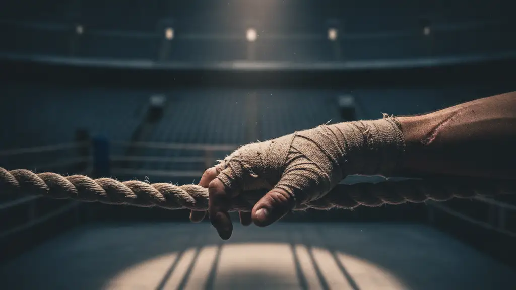 A bandaged, gloved hand rests on a boxing ring rope in a spotlight.