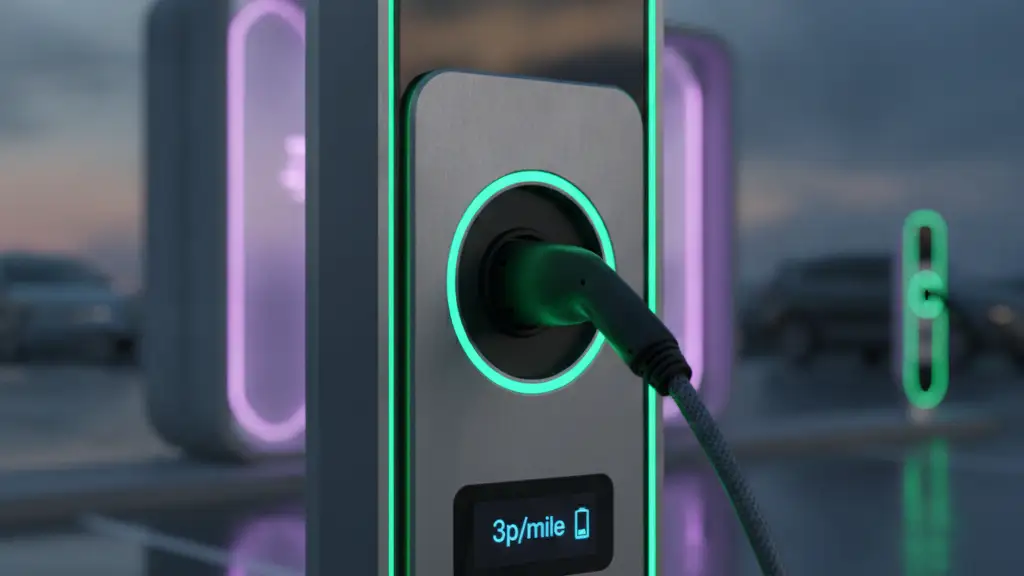 Electric vehicle charging port displaying '3p/mile' on screen.