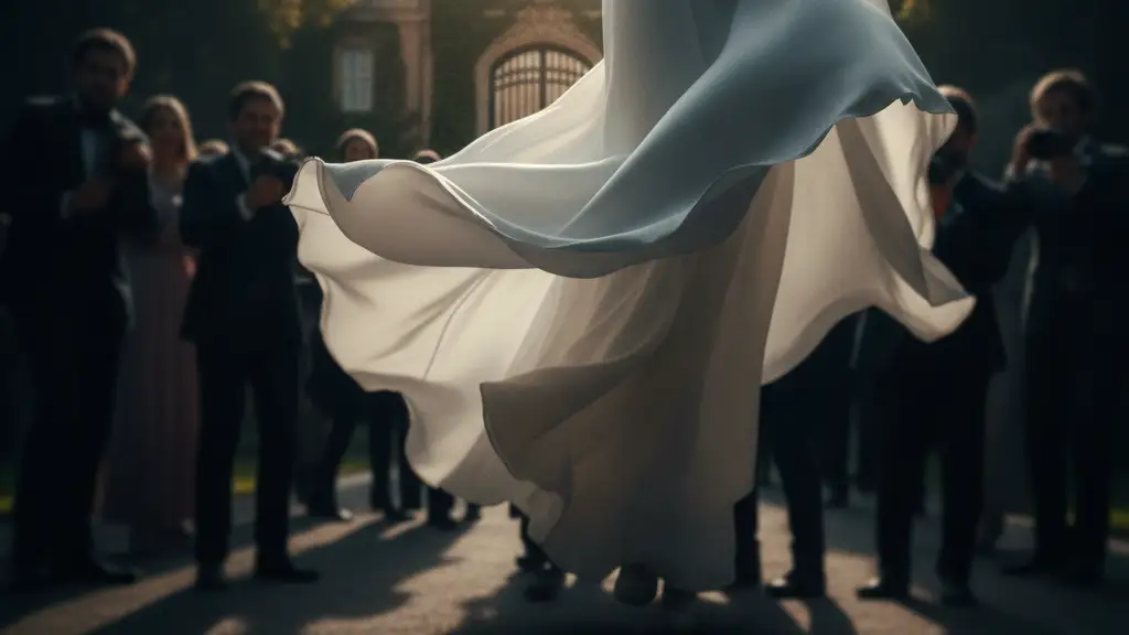 Elegant white wedding gown train flowing, with blurred paparazzi legs in foreground.