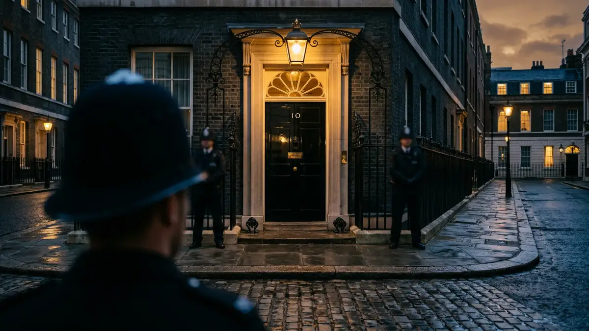 The exterior of 10 Downing Street at night with a police officer's silhouette in foreground.