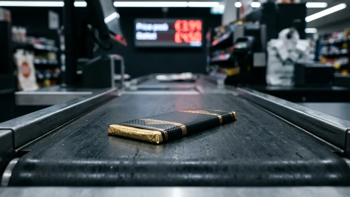 A premium chocolate bar sits alone on a supermarket conveyor belt under bright lights.